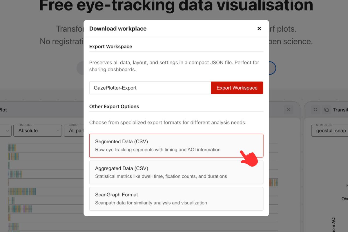 2. Export options in GazePlotter (select the Segmented Data export)